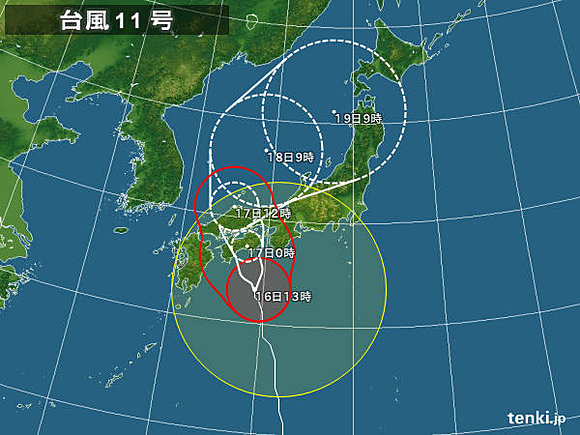 「台風第11号」深夜に四国に上陸。東日本も、暴風、高波、大雨に注意