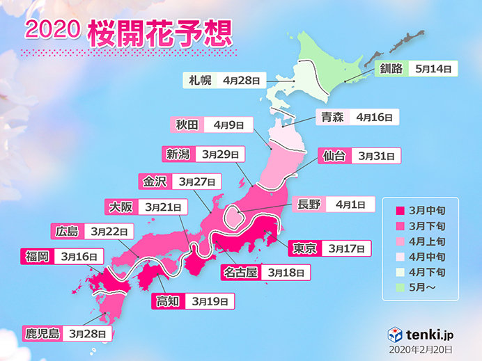 日本気象協会発表「桜開花予想」記録的な早さで開花か(日直予報士 2020年02月20日) - 日本気象協会 tenki.jp