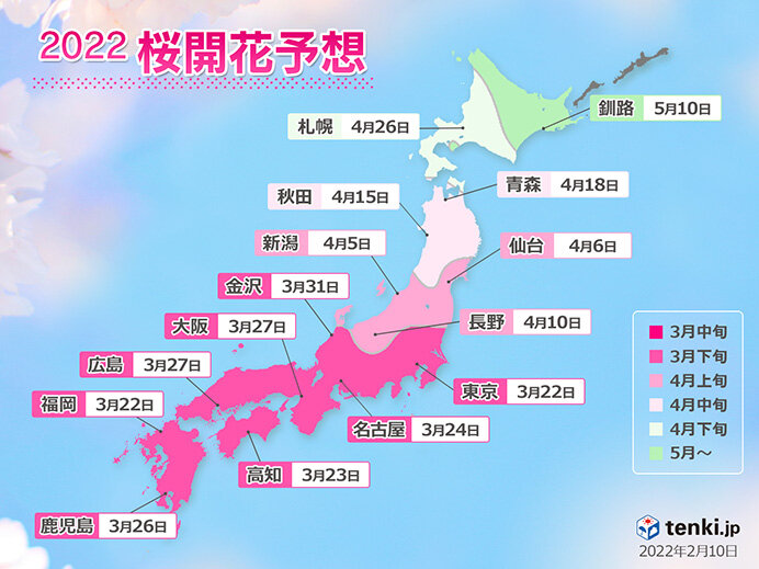 2022年桜開花予想(第2回)　開花は広く平年並み　全国トップは東京で3月22日(気象予報士 安齊　理沙 2022年02月10日) - 日本気象協会 tenki.jp