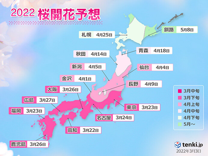 2022年桜開花予想(第4回)　東京の開花は3月23日　満開は29日(気象予報士 石榑　亜紀子)