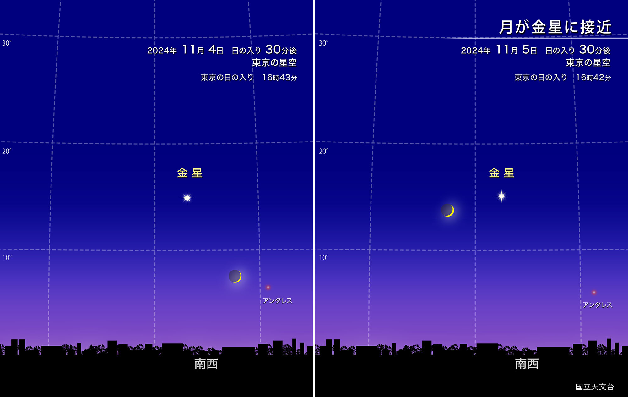 夕方の南西の空に、細い月と金星が見える（2024年11月） | 国立天文台(NAOJ)