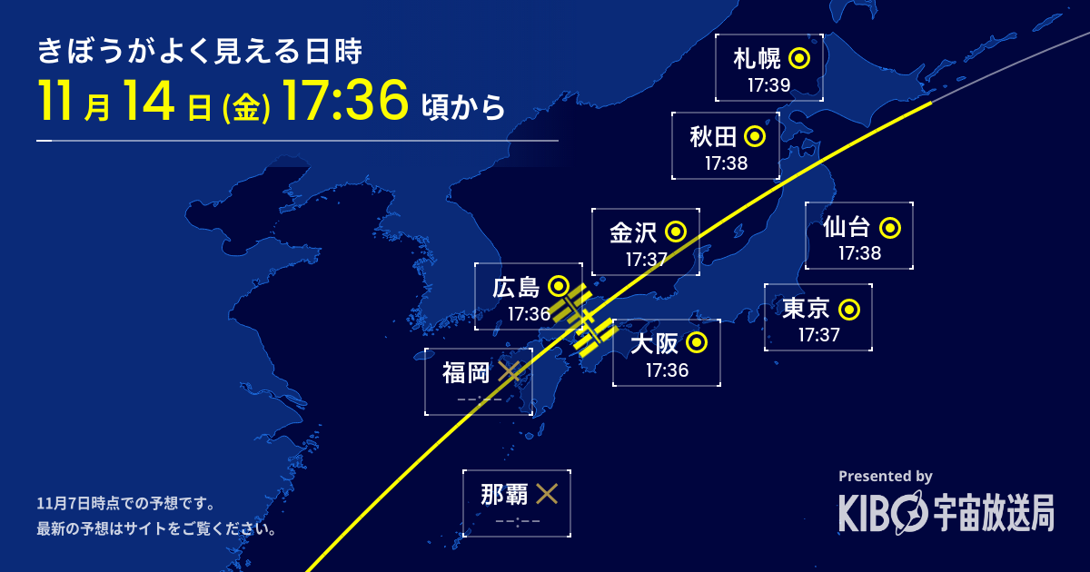 #きぼうを見よう - 国際宇宙ステーションが見える予測日時をお知らせ