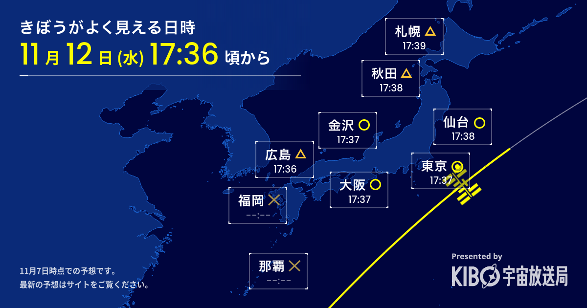 #きぼうを見よう - 国際宇宙ステーションが見える予測日時をお知らせ