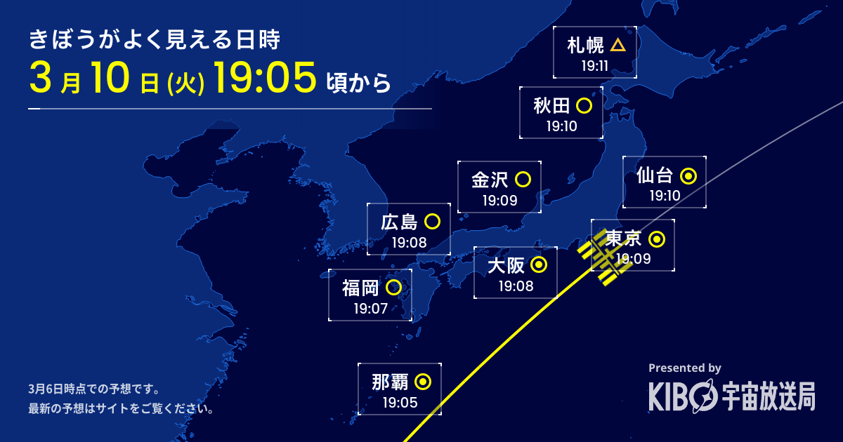 #きぼうを見よう - 国際宇宙ステーションが見える予測日時をお知らせ